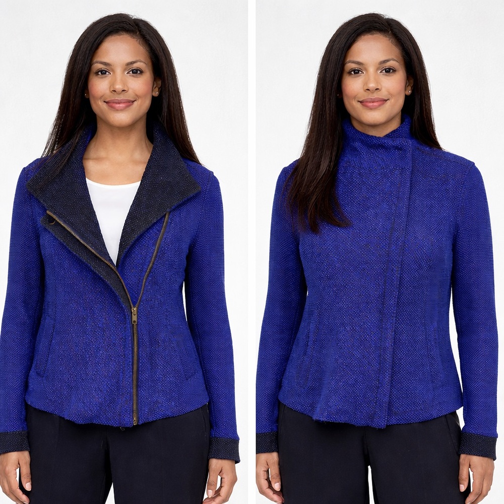 💖 Halogen Blue/Black Asymmetrical Cotton-Blend Textured Zip Jacket, Size XL